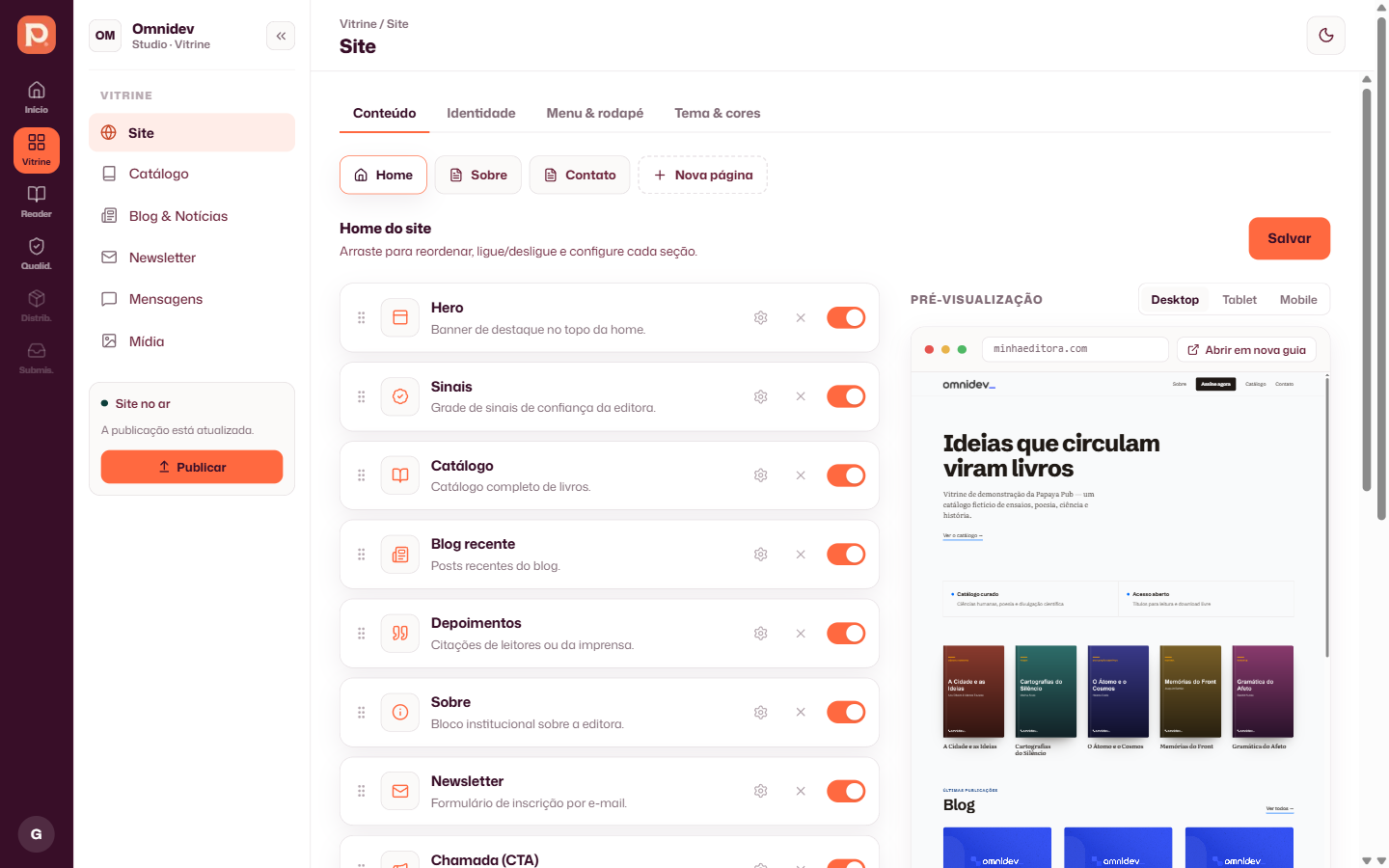 Editor de site do Studio com blocos e pré-visualização